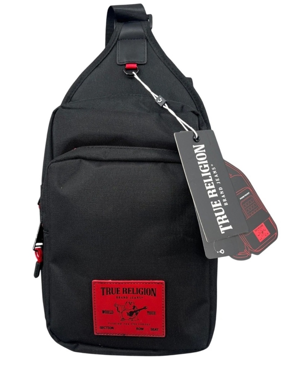 True Religion Black Sling Bag with Red Patch
